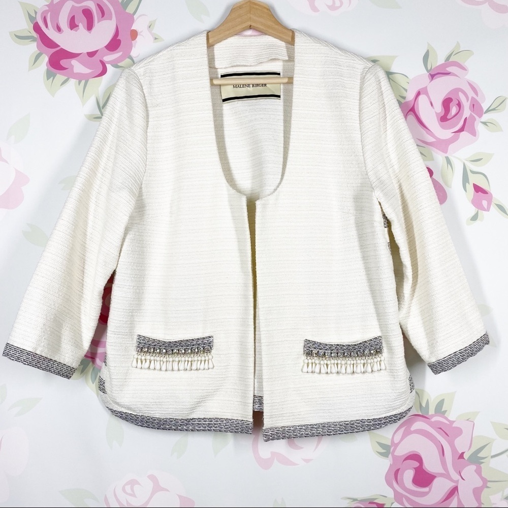 By Malene Birger Blazer Jacket Ivory Cream Beaded Open Front 40